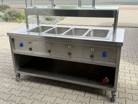 Mobile Warmhaltestation Edelstahl Buffetwagen Speisenausgabe 4 Becken Glasaufsatz (gebraucht)
