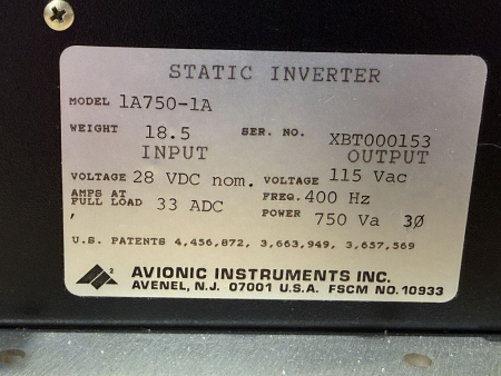 Preview: Avionic Instruments 1A750-1A Static Inverter 750 VA (gebraucht)