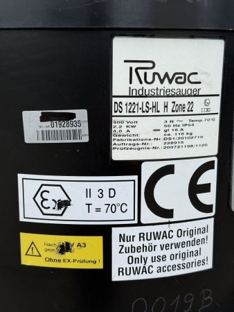 Ruwac DS 1221-LS-HL H Zone 22 Industriesauger (gebraucht, 116 kg, 180 cm)