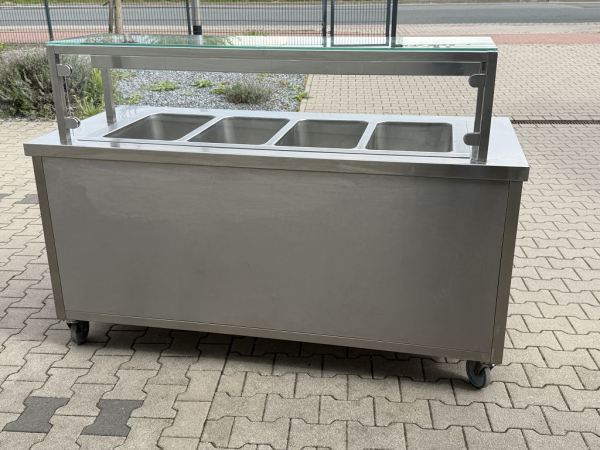 Mobile Warmhaltestation Edelstahl Buffetwagen Speisenausgabe 4 Becken Glasaufsatz (gebraucht)