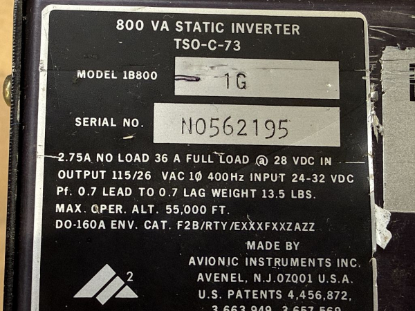 Avionic Instruments 1B800-1G 800 VA Static Inverter TSO-C-73 (gebraucht)