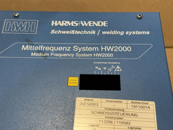 Harms+Wende HW2000 medium frequency system welding controller HWI2808WFSERIAL0100 18096 used