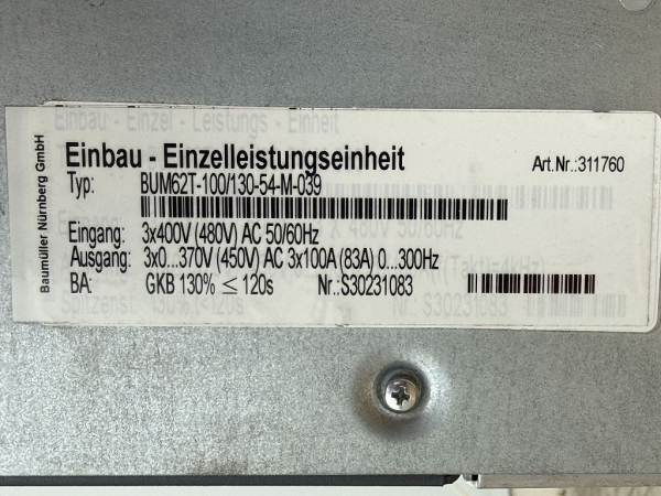 Baumüller BUM62T-100/130-54-M-039 Einbau-Einzelleistungseinheit Art.Nr. 311760 (gebraucht)