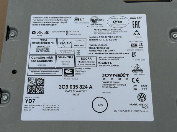 3G9035824A original Volkswagen Transporter control unit radio navigation Bluetooth MIB3