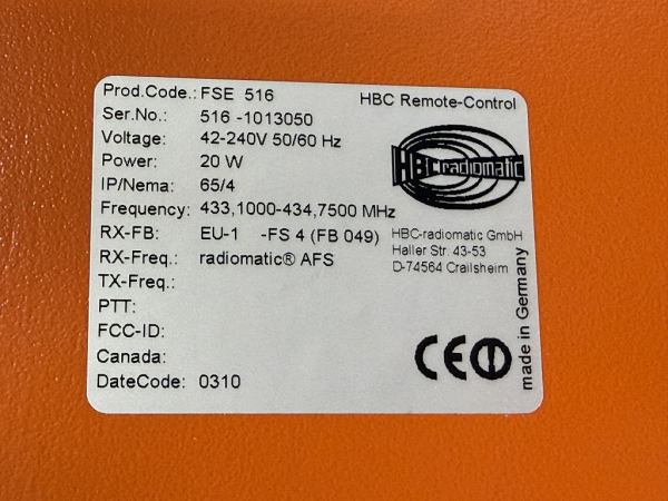 HBC Radiomatic FSE 516 + micron 5 Radio Remote Control System – Item No. 516-1013050 (used)
