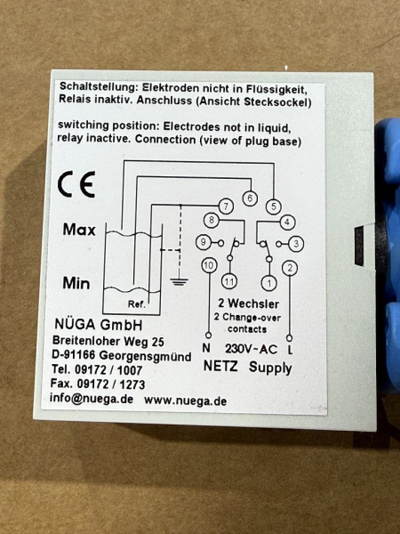 NÜGA NP Niveausteuergerät 230V AC Leitfähigkeits-Niveauregler mit Sockel (gebraucht)