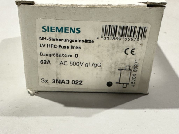 3x 3NA3022 original Siemens NH fuse link 63A NEW