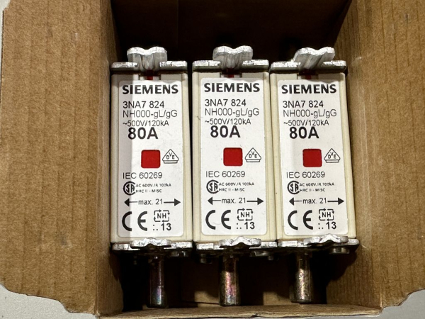 3x 3NA7824 original Siemens NH fuse link 80A NEW